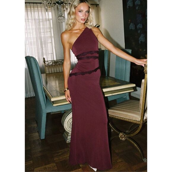 Princess Polly Dresses & Skirts - Princess Polly Ultraviolet One Shoulder Lace Maxi Dress Wine Size 12 Nwot